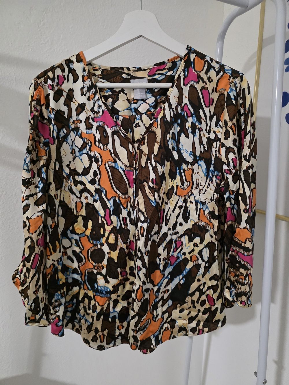 Chico's Cream Blouse with Brown, Orange, Pink & Blue Abstract Print